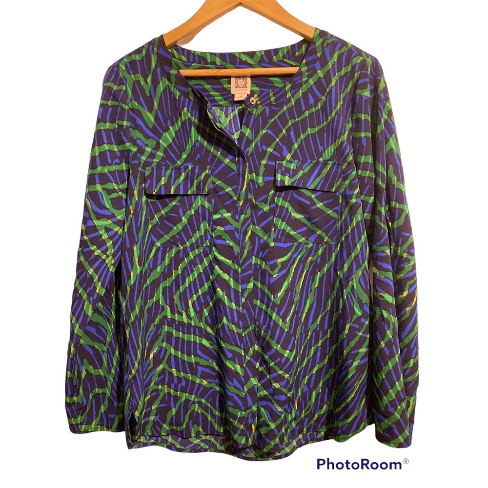 Anne Klein navy green M top shirt blouse work wear office